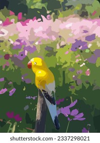 Yellow bird in a flower garden
