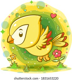 Yellow bird flying in the garden of illustration