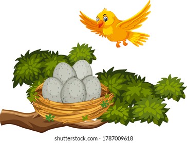 Yellow bird flying to the nest illustration
