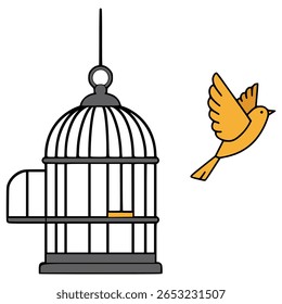 yellow bird get out from the cage flat color vector illustration template design