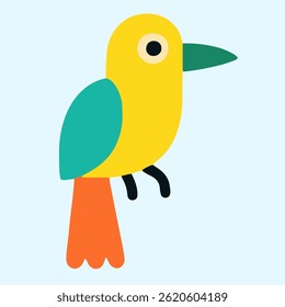 Yellow bird with a green wing and an orange tail. vector
