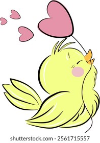 A yellow bird holds a heart in its beak