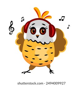 Yellow bird listening to music in headphones