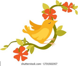 Yellow bird on a tropical branch with flowers. Isolated illustration