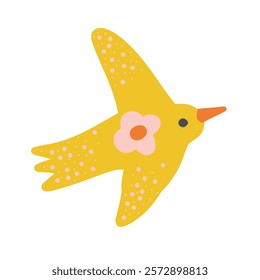 Yellow bird with an orange beak and floral detail. A whimsical and vibrant design for tropical, wildlife, or decorative artistic themes.