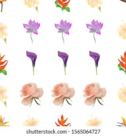 Yellow bird of paradise Strelitzia. Yellow hibiscus. Orange Heliconia. Purple Lotus. Purple Calla. Pink Rose. Vector illustration. Seamless background pattern. Floral botanical flower. Wild leaf.