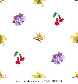 Yellow bird of paradise Strelitzia. Yellow Lilium. Red Angel Trumpet. Violet Clematis. Vector illustration. Seamless background pattern. Floral botanical flower. Wild leaf wildflower isolated.