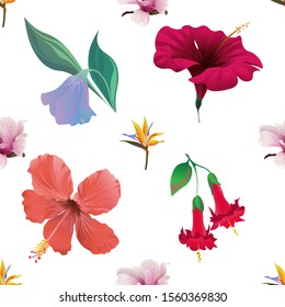 Yellow bird of paradise Strelitzia. Pink Magnolia. Purple Bllflower. Red Hibiscus. Red Angel Trumpet. Vector illustration. Seamless background pattern. Floral botanical flower. Wild leaf wildflower.
