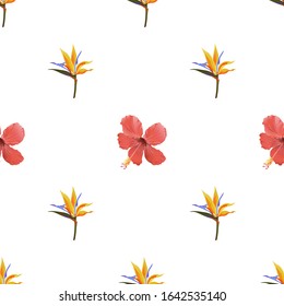 Yellow bird of paradise Strelitzia. Red Hibiscus. Vector illustration. Seamless background pattern. Floral botanical flower. Wild leaf wildflower isolated. Exotic tropical hawaiian jungle. Fabric.