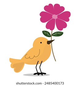 a yellow bird with a pink flower. vector illustration. 