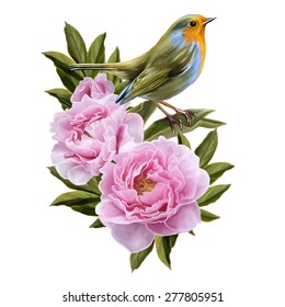 yellow bird and pink peonies