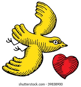 yellow bird with red heart