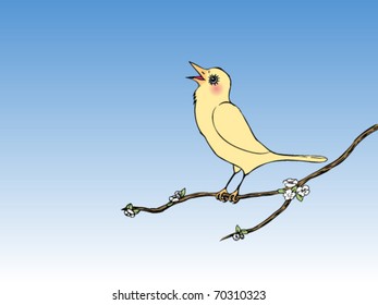 yellow bird sitting on a branch and singing