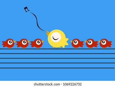 A yellow bird teaching how to sing to other little red birdsover electricy wires. Vector Illustration