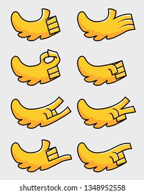 Yellow bird wing as hand cartoon gesture vector illustration set.