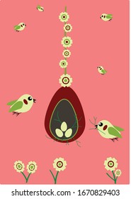 yellow birds with Easter egg nest and flowers, on pink background