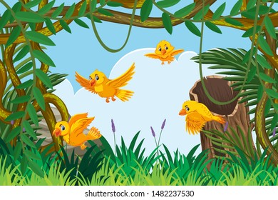Yellow birds in jungle scene illustration
