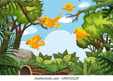 Yellow birds in jungle scene illustration