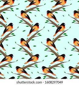 yellow birds on branches seamless light background