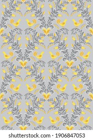 Yellow birds seamless pattern in gray grass on a gray background. Pattern for wallpaper, paper and textiles. Vector.