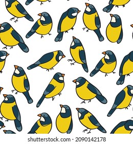 yellow birds, tits, fashion vector seamles pattern isolated on bright background. Concept for print, wallpaper, cards