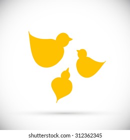 Yellow birds vector logo. Birds, mom and child. isolated on white background. Concept of upbringing and care, kindergarten.