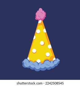 Yellow birthday or party triangle hat with white polkadots pattern vector illustration isolated on plain dark gray background. Cartoon simple flat art styled drawing with celebration theme.