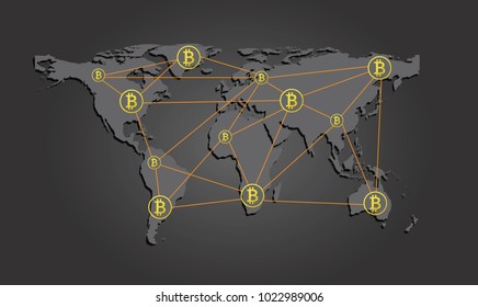 Yellow bitcoin signs on the map of the world. Concept of cryptocurrency digital payments
