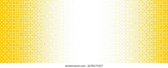 Yellow bitmap gradient texture. Fading pixelated 8 bit gradation pattern. Repeating dotted dither halftone background. Raster video game halfton patern. Vector vanishing comic pop art overlay backdrop