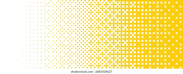 Textura de gradiente de bitmap amarelo. Padrão de gradação de 8 bits esmaecido em pixels. Raster padrão de halfton. Plano de fundo de meio-tom pontilhado repetitivo. Tela de fundo de sobreposição de quadrinhos pop art com degradação de vetor