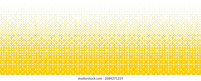 Textura de gradiente de bitmap amarelo. Padrão de gradação de 8 bits esmaecido em pixels. Raster padrão de halfton. Plano de fundo de meio-tom pontilhado repetitivo. Tela de fundo de sobreposição de arte pop cômica de desaparecimento de vetor