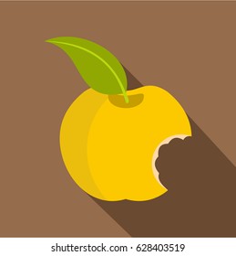 Yellow bitten apple icon. Flat illustration of yellow bitten apple vector icon for web on coffee background