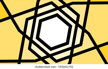 Yellow and black abstract background featuring overlapping hexagonal outlines and intersecting lines, creating a bold geometric visual with a modern and minimalist aesthetic.