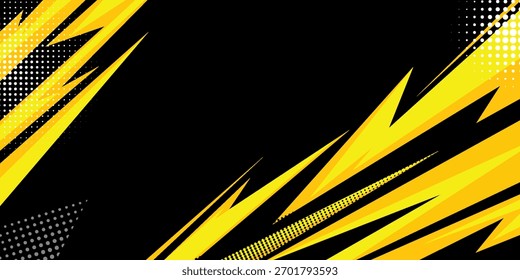 Yellow and black abstract background with sharp diagonal lines and halftone dots. Dynamic comic-style design suitable for sports, gaming, energy themes, posters, banners, and modern digital artwork.