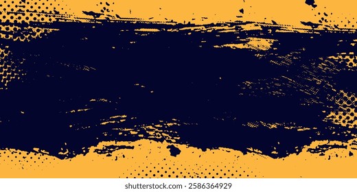 Yellow and black backdrop with dot halftone pattern element. Abstract brush grunge background.