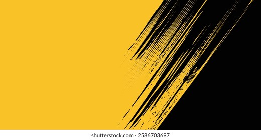 Yellow and black backdrop with dot halftone pattern element. Abstract brush grunge background. retro comic concept for your graphic design, banner or poster See Less