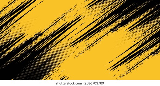 Yellow and black backdrop with dot halftone pattern element. Abstract brush grunge background. retro comic concept for your graphic design, banner or poster See Less