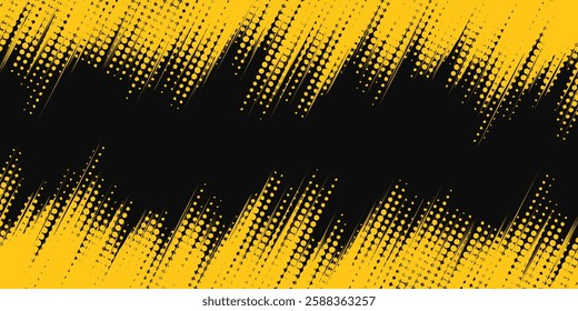 Yellow and black backdrop with dot halftone pattern element. Abstract brush grunge background