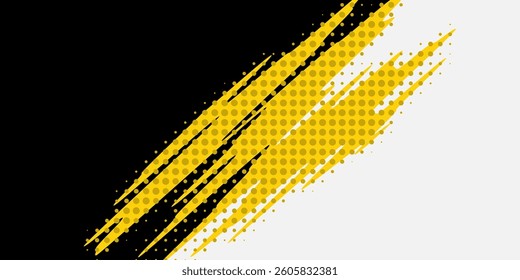 Yellow and black backdrop with dot halftone pattern element. Abstract brush grunge background. retro comic concept for your graphic design, banner or poster. Vector