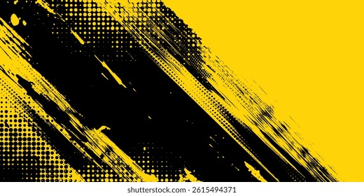 Yellow and black backdrop with dot halftone pattern element. Abstract brush grunge background. retro comic concept for your graphic design, banner or poster. Vector illustration.