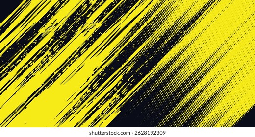Fondo amarillo y negro con elemento de patrón de semitono de punto. Fondo Abstractas del grunge del cepillo. concepto cómico retro para su Diseño gráfico, Anuncio o cartel. Ilustración vectorial.