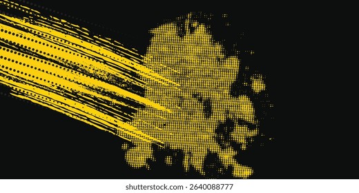 Yellow and black backdrop with dot halftone pattern element. Abstract brush grunge background. retro comic concept for your graphic design, banner or poster.