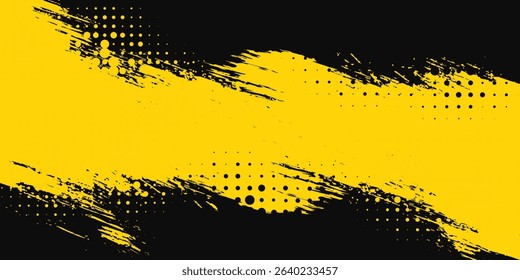 Yellow and black backdrop with dot halftone pattern element. Abstract brush grunge background. retro comic concept for your graphic design, banner or poster. Vector illustration.