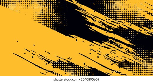 Yellow and black backdrop with dot halftone pattern element. Abstract brush grunge background. retro comic concept vector illustration