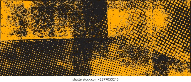 Fondo amarillo y negro con elemento de patrón de semitonos de punto y textura gruesa. Pancarta de pincel abstracto dibujado en grunge. Plantilla retro para su diseño gráfico, pancarta o afiche. Arañazos y arañazos.