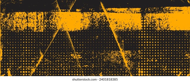 Yellow and black background with dot halftone pattern element and grunge texture. Abstract brush drawn grunge banner. Retro template for your graphic design, banner or poster. Scribbles and scratches.