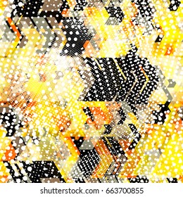 Yellow and black background from halftone and chevrons. Seamless texture for wrapping paper, home decor, fabric.