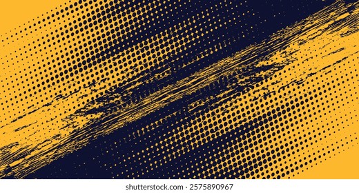 Yellow and black background with halftone dot pattern elements. Abstract brush grunge background.