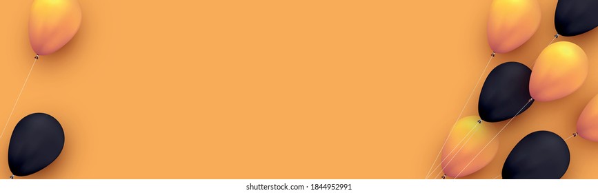 Yellow and black balloons with threads on yellow background. Space for text. Vector festive illustration.