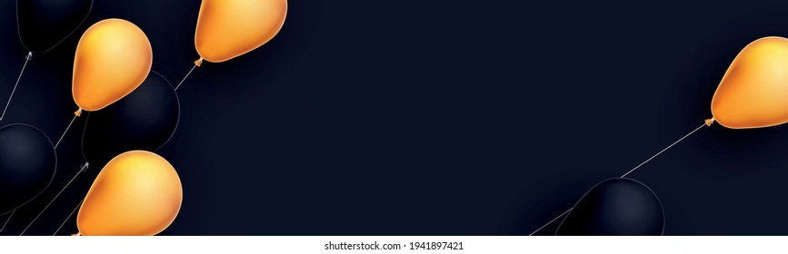 Yellow and black balloons with threads on black background. Space for text. Vector festive illustration.
